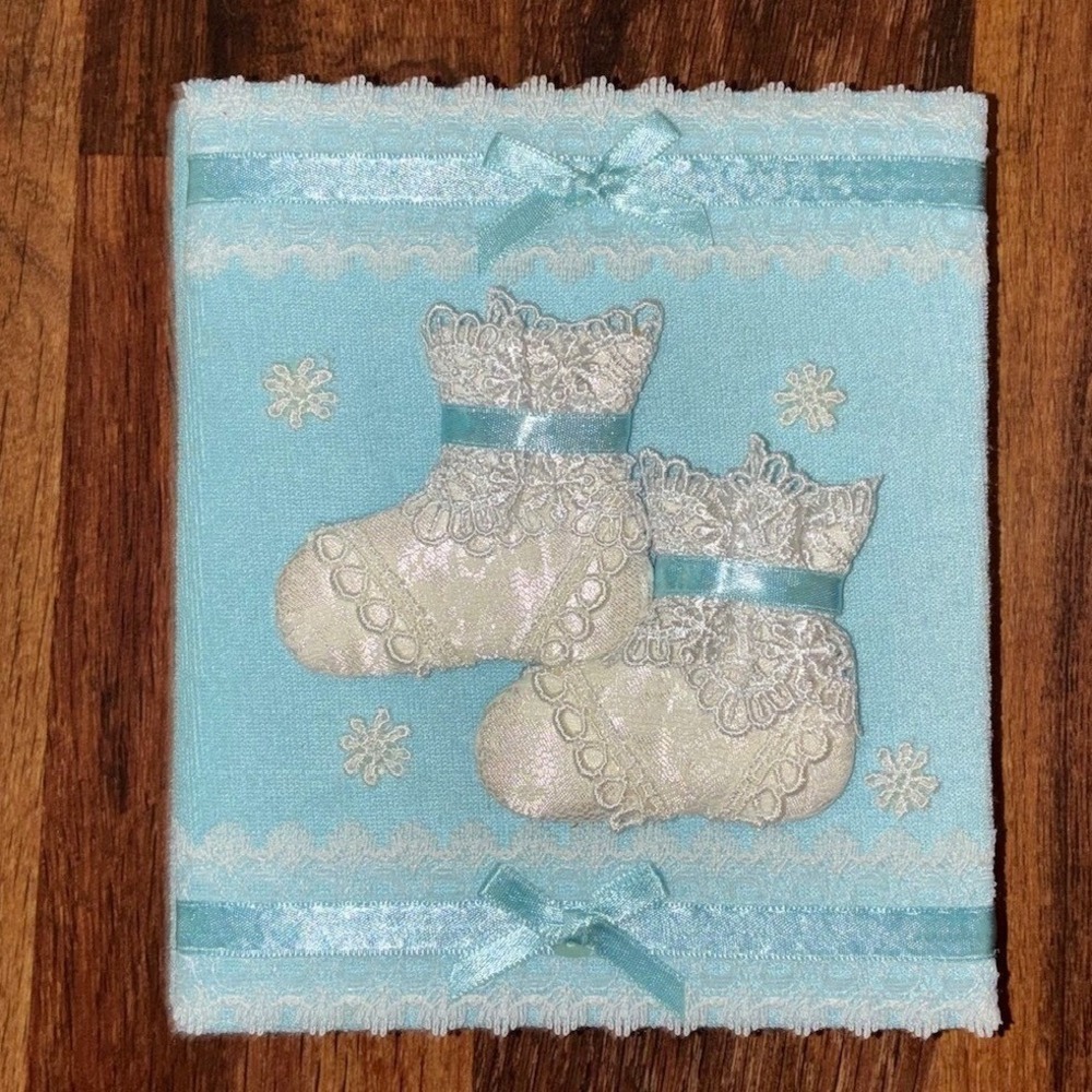 Vintage Baby Photo Album Blue Terry Cloth Lace Booties Keepsake Memory Book